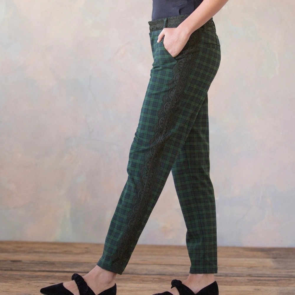Sundance‎ Green Navy Blue Plaid Lace Trim Straight Leg Trousers 12
